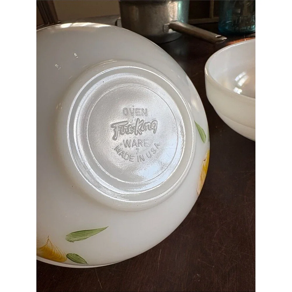 2 Vintage Fire-King milk glass bowls hand-painted fruit design